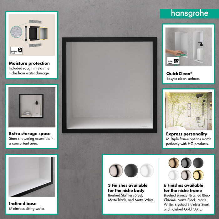 hansgrohe XtraStoris Individual Wall Niche Brushed Stainless Steel with Design Frame 12"x 12"x 4"