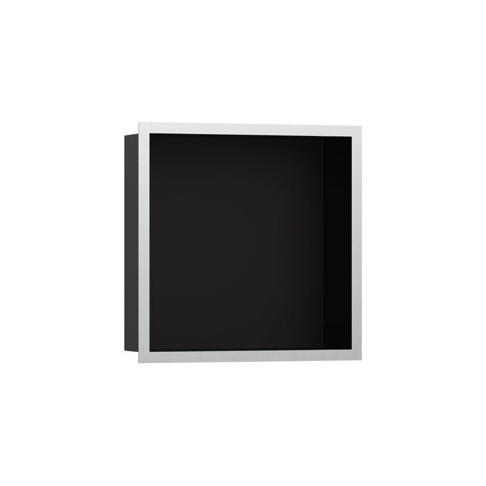 hansgrohe XtraStoris Individual Wall Niche Matte Black with Design Frame 12"x 12"x 4", brushed stainless steel