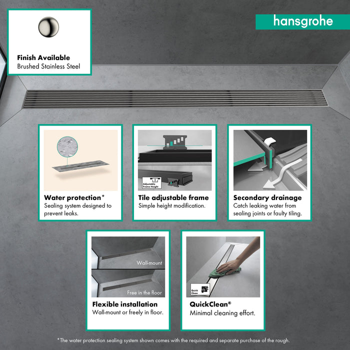 hansgrohe RainDrain Match Boardwalk Trim Boardwalk 35 1/4" with Height Adjustable Frame, brushed stainless steel - view 4
