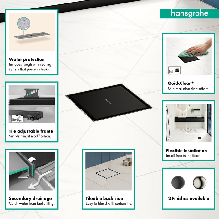 hansgrohe RainDrain Brilliance Point Drain Set 4"x 4" Trim Tileable Rear Cover and Rough, matte black - view 3