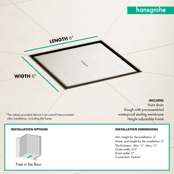 hansgrohe RainDrain Brilliance Point Drain Set 6"x 6" Trim Tileable Rear Cover and Rough, brushed stainless steel - view 4