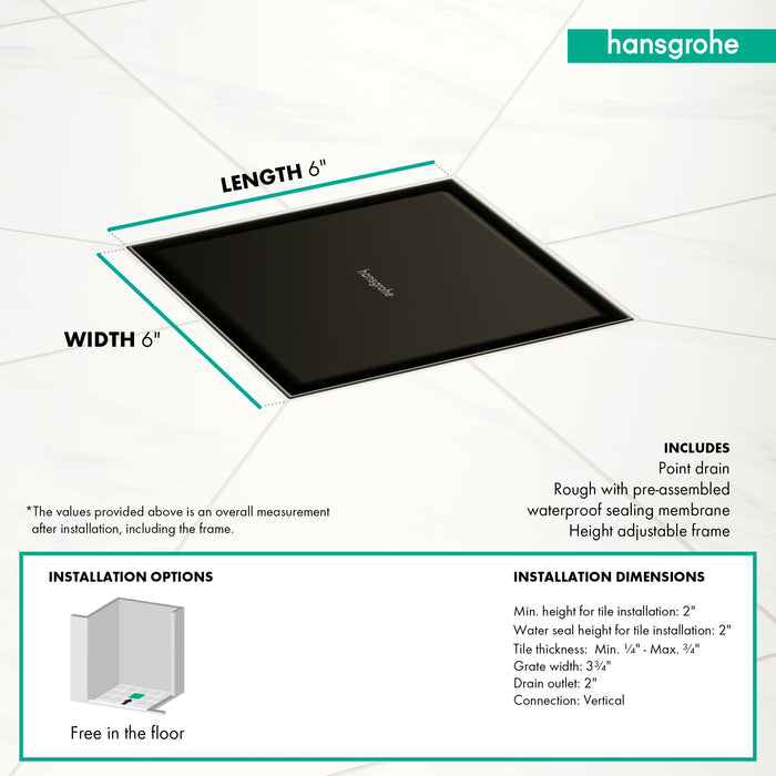 hansgrohe RainDrain Brilliance Point Drain Set 6"x 6" Trim Tileable Rear Cover and Rough, matte black - view 4