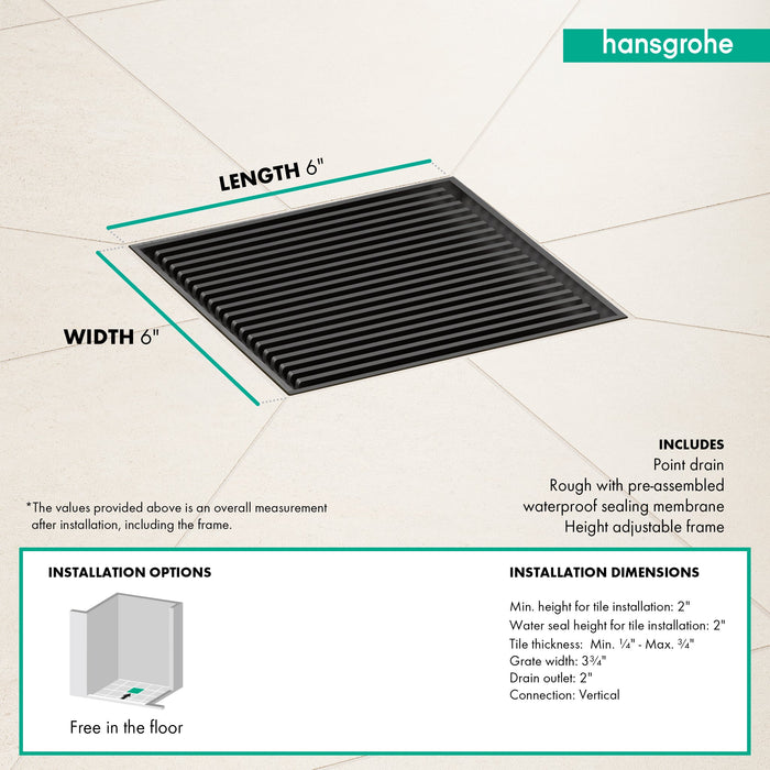 hansgrohe RainDrain Brilliance Point Drain Set 6"x 6" Trim with Height Adjustable Frame and Rough, brushed stainless...