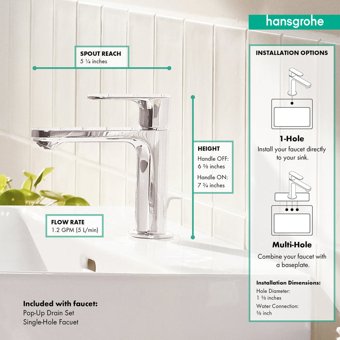 hansgrohe Rebris S Single-Hole Faucet 110 with Pop-Up Drain, 1.2 GPM, chrome - view 3