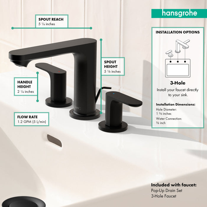 hansgrohe Rebris S Widespread Faucet 110 with Pop-Up Drain, 1.2 GPM, matte black - view 3