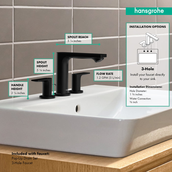 hansgrohe Rebris E Widespread Faucet 110 with Pop-Up Drain, 1.2 GPM, matte black - view 3