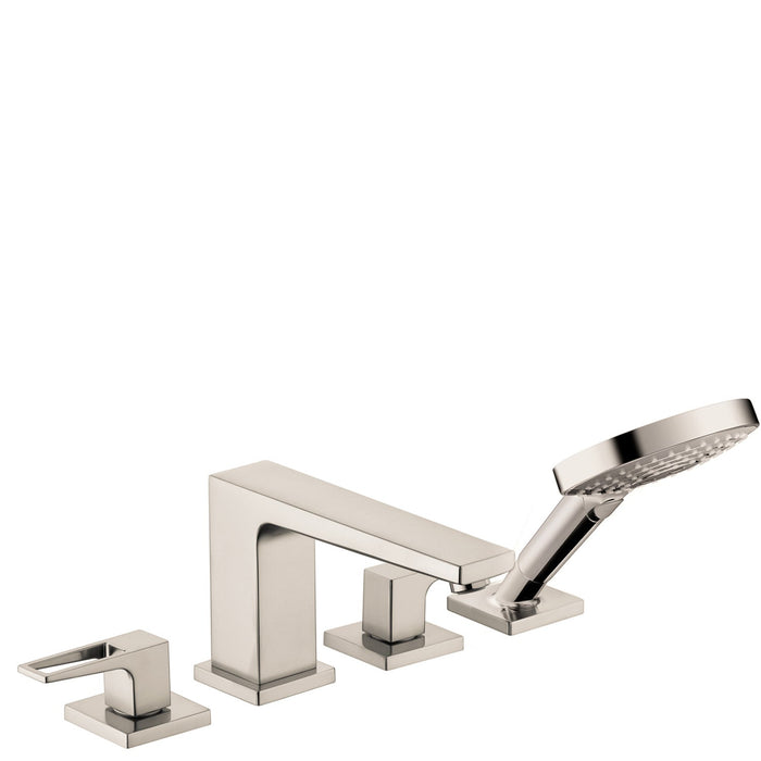 hansgrohe Metropol 4-Hole Roman Tub Set Trim with Loop Handles and 1.75 GPM Handshower, brushed nickel
