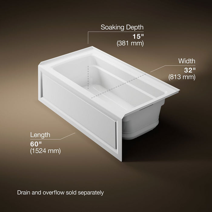 KOHLER K-1122-GHRA Archer 60" x 32" alcove Heated BubbleMassage air bath, right drain, white - view 5