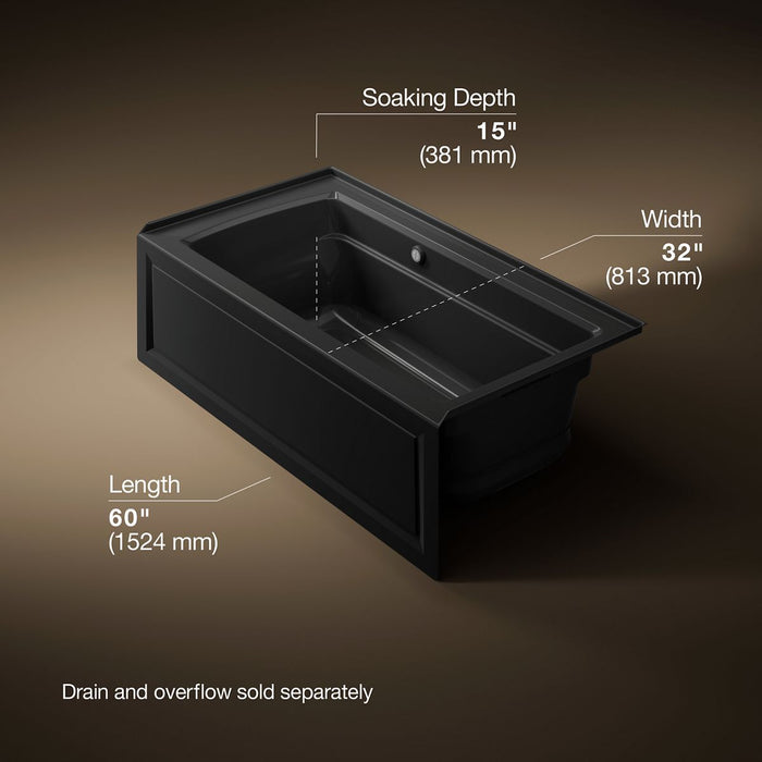 KOHLER K-1122-GHRAW Archer 60" x 32" alcove Heated BubbleMassage air bath with Bask heated surface, right drain, black...