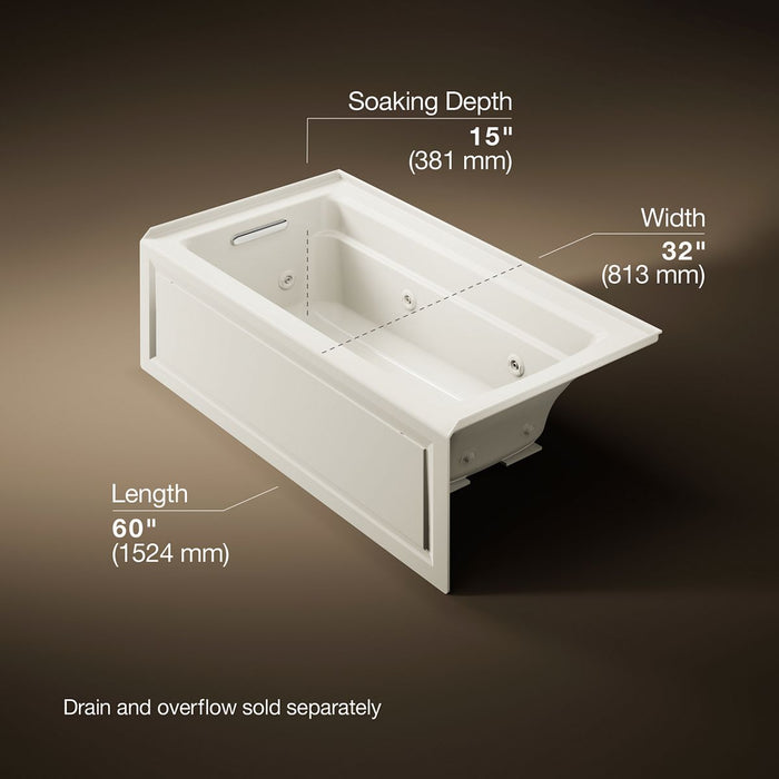KOHLER K-1122-HL Archer 60" x 32" alcove heated whirlpool bath, left drain, biscuit - view 5