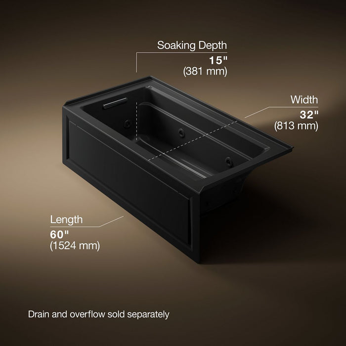 KOHLER K-1122-HL Archer 60" x 32" alcove heated whirlpool bath, left drain, black black - view 5