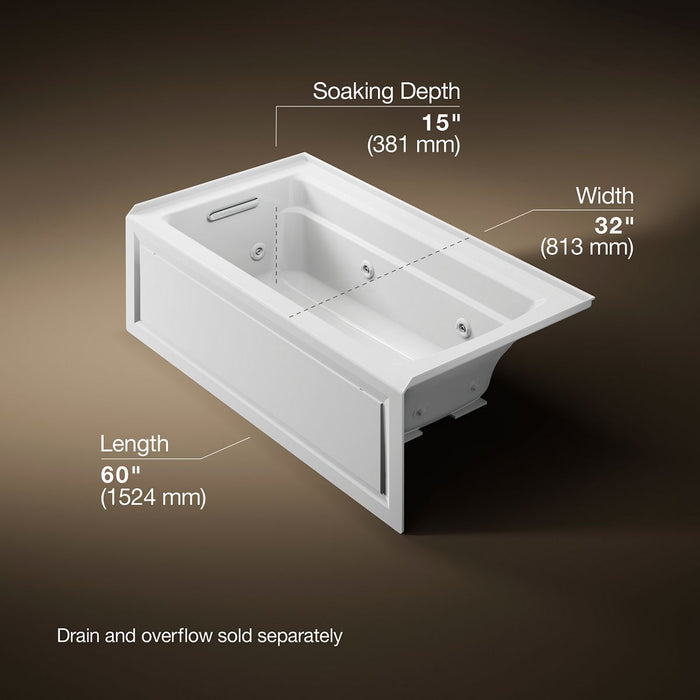 KOHLER K-1122-HL Archer 60" x 32" alcove heated whirlpool bath, left drain, white - view 5