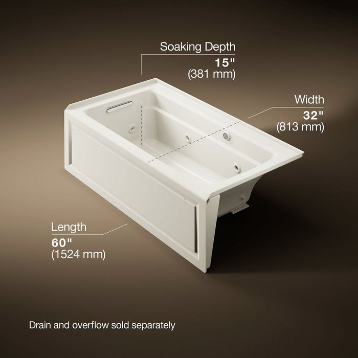 KOHLER K-1122-LAW Archer 60" x 32" alcove whirlpool bath with Bask heated surface, alcove left drain, biscuit - view 5