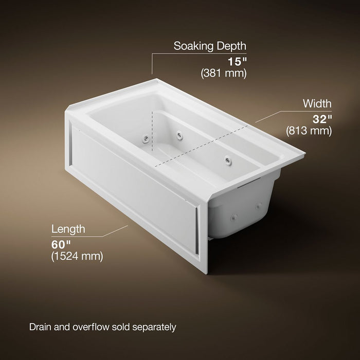 KOHLER K-1122-RA Archer 60" x 32" alcove whirlpool bath right drain, white - view 5