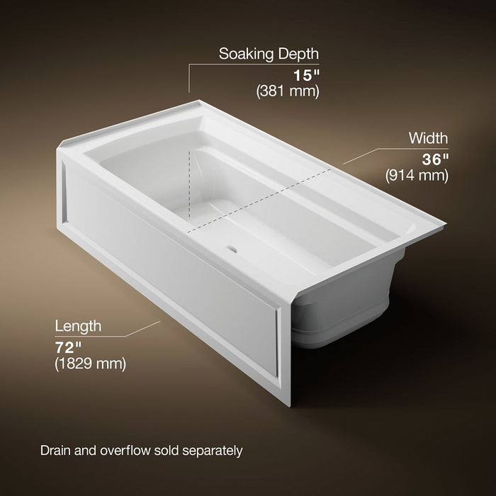 KOHLER K-1124-GHRA Archer 72" x 36" alcove Heated BubbleMassage air bath, right drain, white - view 4