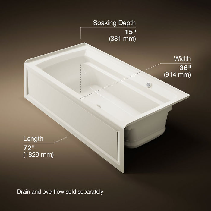 KOHLER K-1124-GHRAW Archer 72" x 36" alcove Heated BubbleMassage air bath with Bask heated surface, right drain, biscuit...