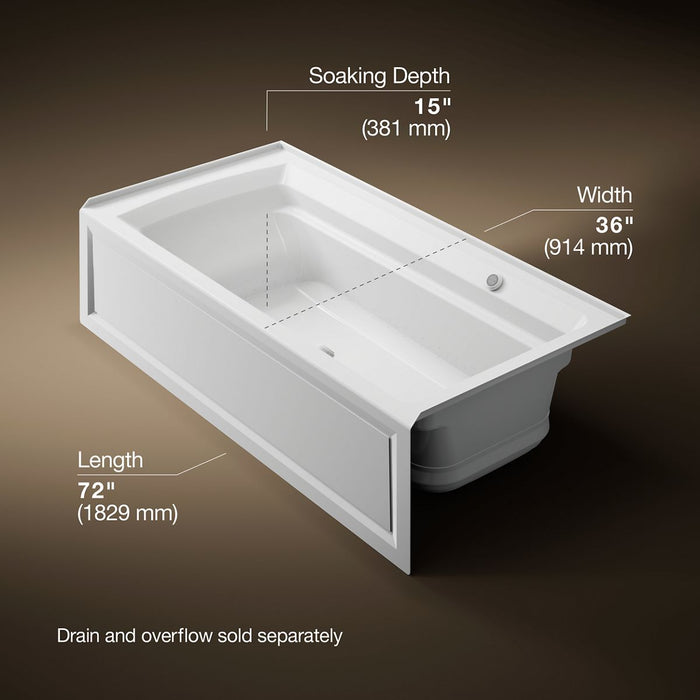 KOHLER K-1124-GHRAW Archer 72" x 36" alcove Heated BubbleMassage air bath with Bask heated surface, right drain, white -...