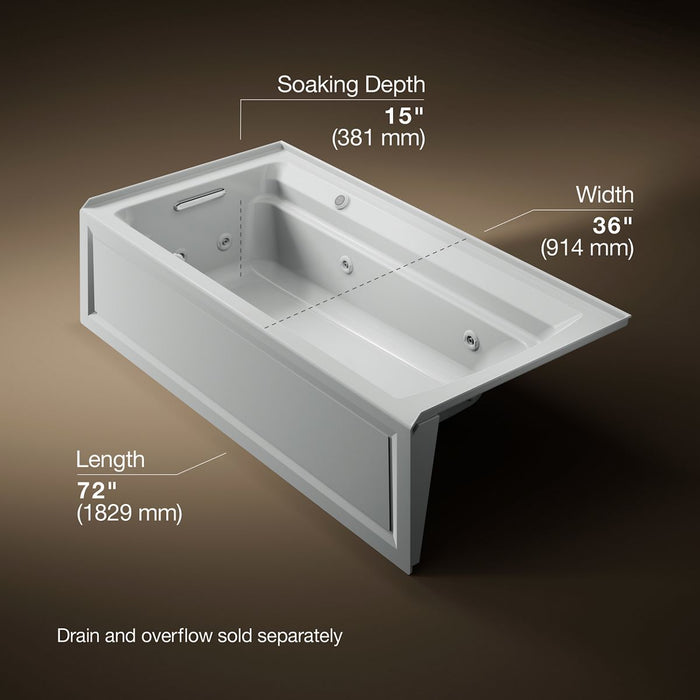 KOHLER K-1124-LAW Archer 72" x 36" alcove whirlpool bath with Bask heated surface, left drain, ice grey - view 5