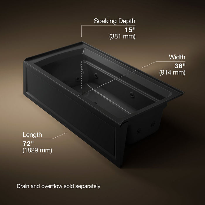 KOHLER K-1124-RA Archer 72" x 36" alcove whirlpool bath, right drain, black black - view 4