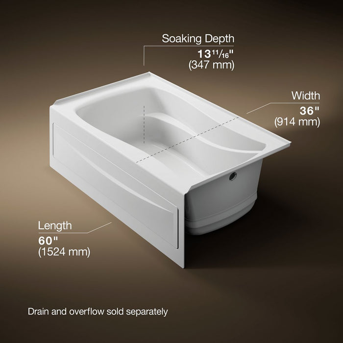 KOHLER K-1239-GHRA Mariposa 60" x 36" alcove Heated BubbleMassage air bath, right drain, white - view 4