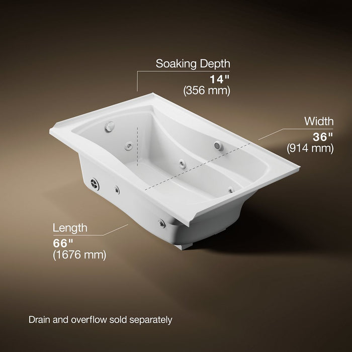 KOHLER K-1239-LW Mariposa 60" x 36" alcove whirlpool bath with Bask heated surface, left drain, white - view 4