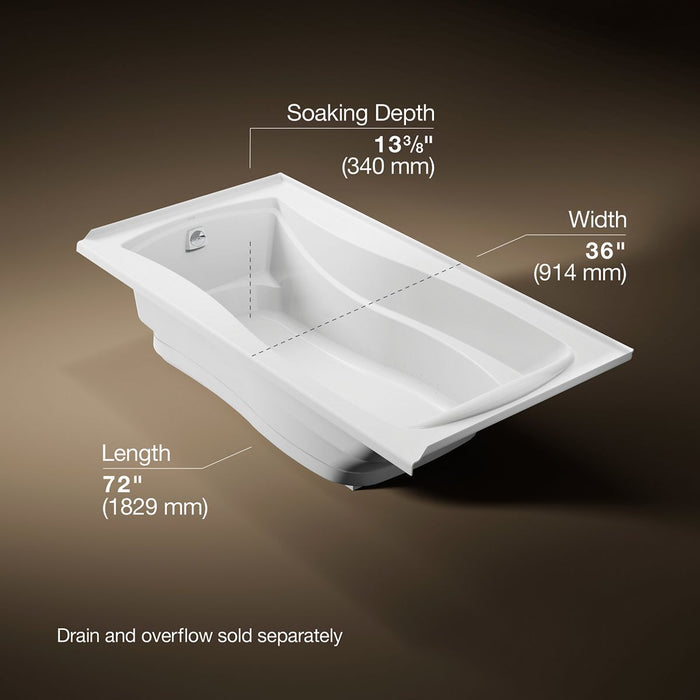 KOHLER K-1257-GHLF Mariposa 72" x 36" alcove Heated BubbleMassage air bath, left drain, white - view 5