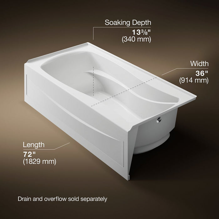 KOHLER K-1257-GHRA Mariposa 72" x 36" alcove Heated BubbleMassage air bath, right drain