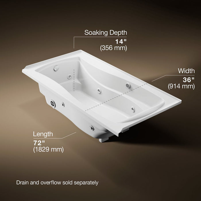 KOHLER K-1257-LW Mariposa 72" x 36" alcove whirlpool bath with Bask heated surface, left drain, white - view 5