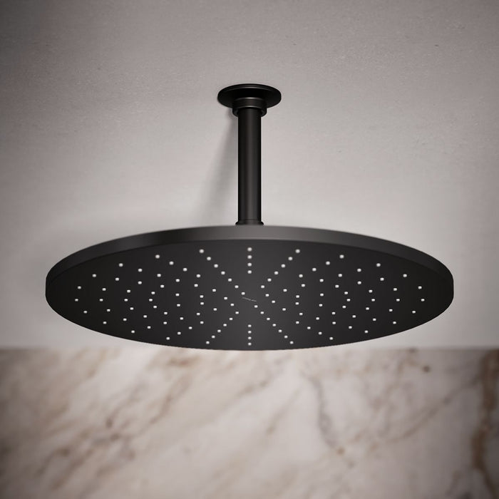 KOHLER K-13691 Contemporary Round 14” Single-function Rainhead, 2.5 GPM, Matte Black - Shows close up detail of product in ro