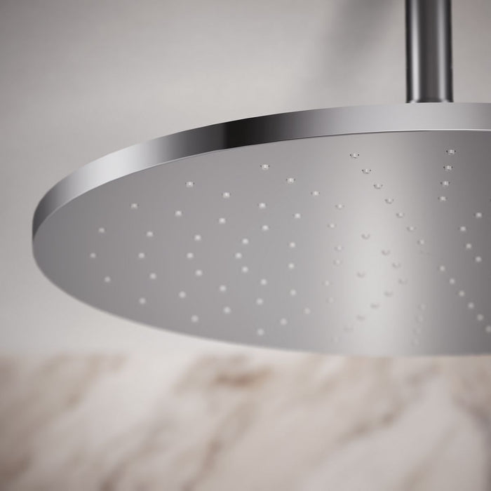KOHLER K-13691 Contemporary Round 14” Single-function Rainhead, 2.5 GPM, Polished Chrome - close-up view of product detail