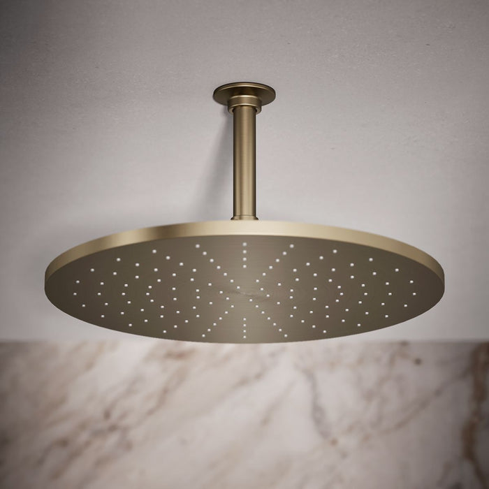 KOHLER K-13691 Contemporary Round 14” Single-function Rainhead, 2.5 GPM, Vibrant Brushed Bronze - Shows close up detail of pr