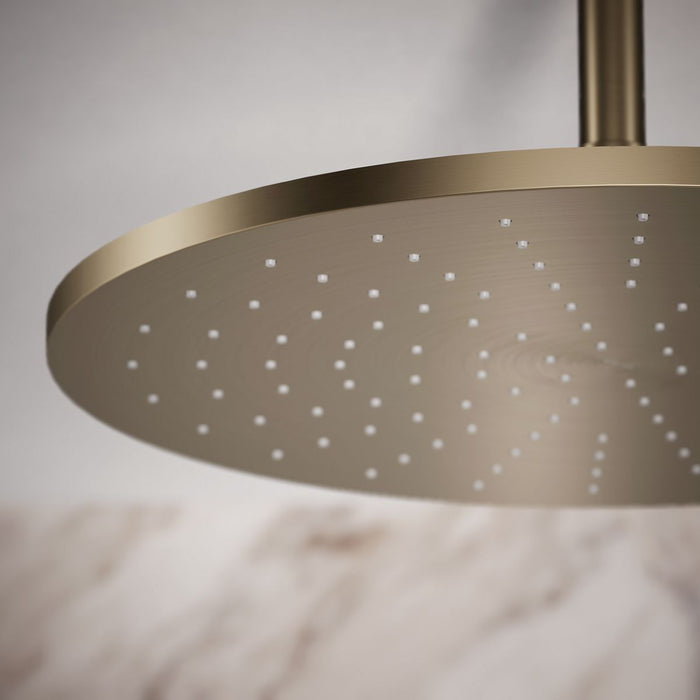 KOHLER K-13691 Contemporary Round 14” Single-function Rainhead, 2.5 GPM, Vibrant Brushed Bronze - close-up view of product de