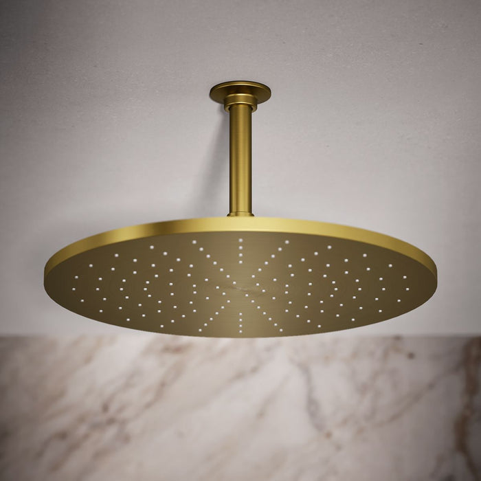 KOHLER K-13691 Contemporary Round 14” Single-function Rainhead, 2.5 GPM, Vibrant Brushed Moderne Brass - Shows close up detai
