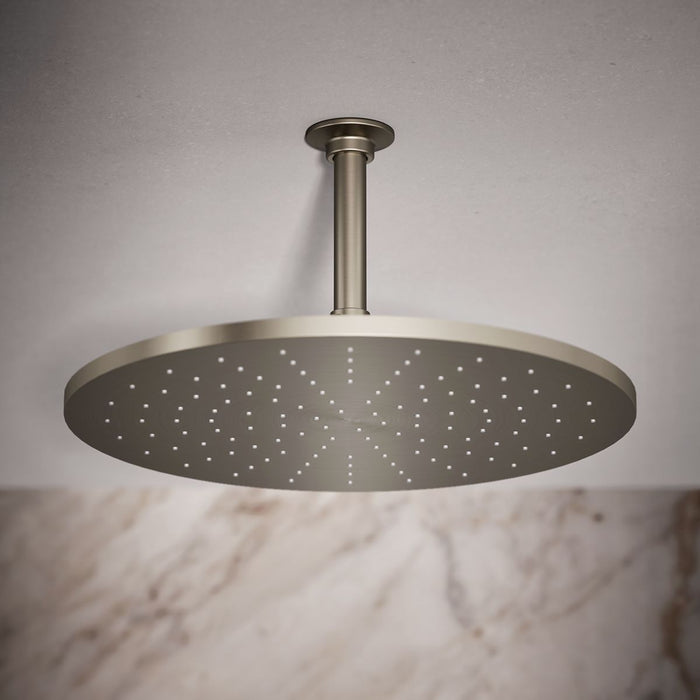 KOHLER K-13691 Contemporary Round 14” Single-function Rainhead, 2.5 GPM, Vibrant Brushed Nickel - Shows close up detail of pr