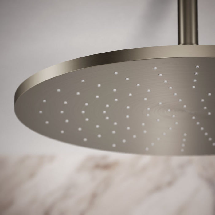 KOHLER K-13691 Contemporary Round 14” Single-function Rainhead, 2.5 GPM, Vibrant Brushed Nickel - close-up view of product de