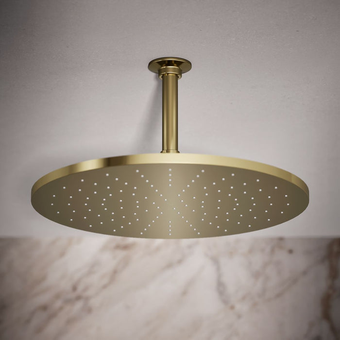 KOHLER K-13691 Contemporary Round 14” Single-function Rainhead, 2.5 GPM, Vibrant French Gold - Shows close up detail of produ