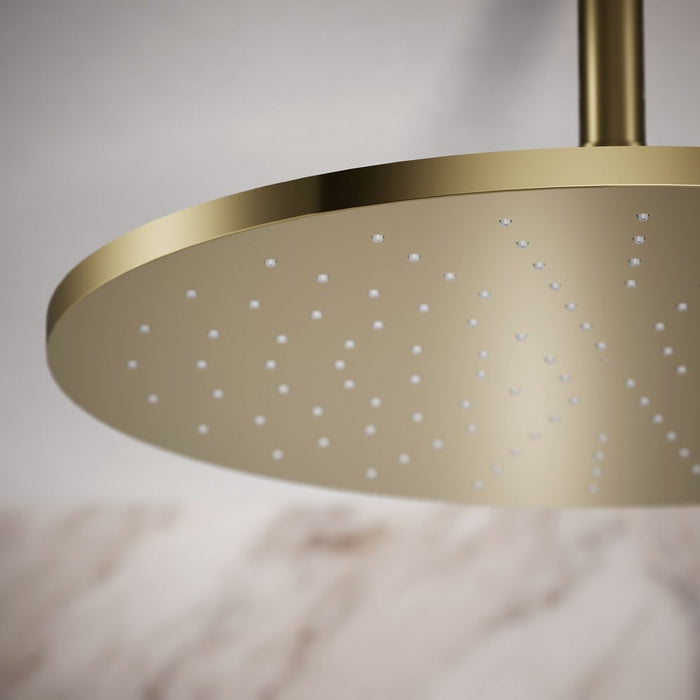 KOHLER K-13691 Contemporary Round 14” Single-function Rainhead, 2.5 GPM, Vibrant French Gold - close-up view of product detai