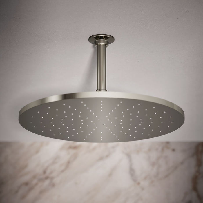 KOHLER K-13691 Contemporary Round 14” Single-function Rainhead, 2.5 GPM, Vibrant Polished Nickel - Shows close up detail of p