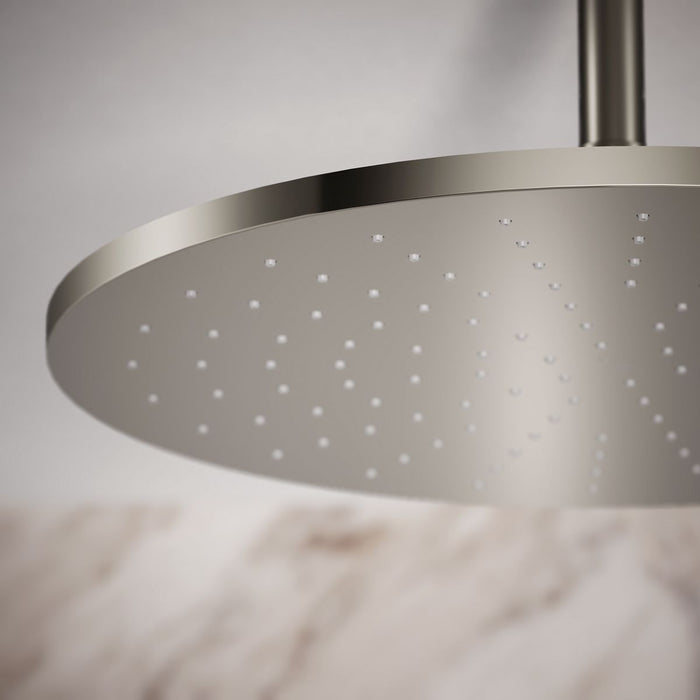 KOHLER K-13691 Contemporary Round 14” Single-function Rainhead, 2.5 GPM, Vibrant Polished Nickel - close-up view of product d