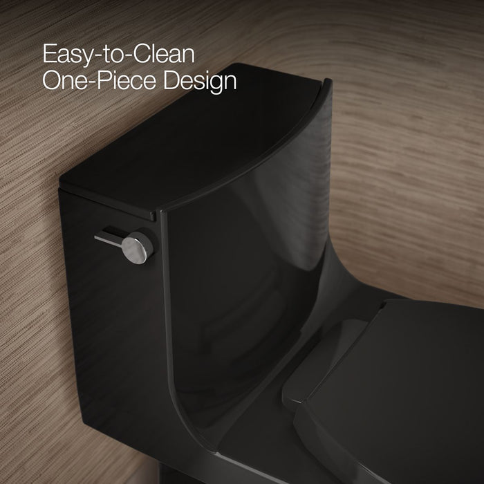 KOHLER K-1381-TBH Veil One-piece Elongated Toilet with Skirted Trapway, Dual-flush, Black Black - Shows close up detail of pr