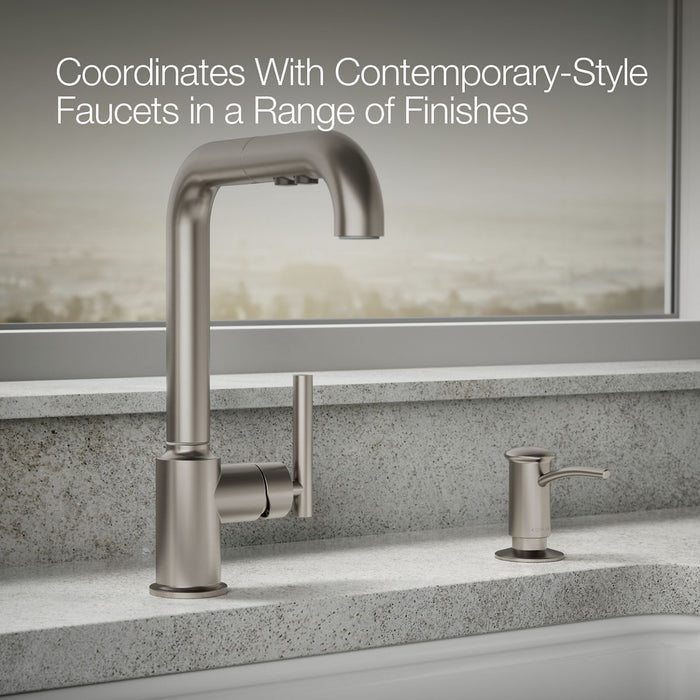 KOHLER K-1895-C Contemporary Design Soap/lotion Dispenser, Vibrant Stainless - close-up view of product detail