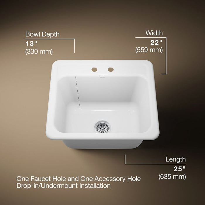 KOHLER K-19017-2 Glen Falls 25" top-/undermount single-bowl utility sink, white - view 5