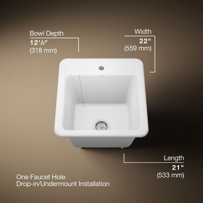 KOHLER K-19022-1 Park Falls 21" top-/undermount single-bowl utility sink, white - view 5