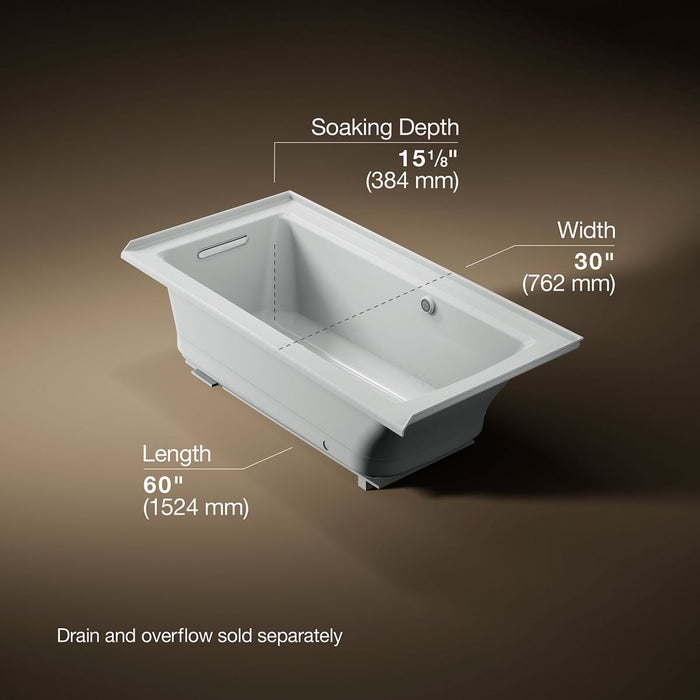 KOHLER K-1947-GHLW Archer 60" x 30" alcove Heated BubbleMassage air bath with Bask heated surface, left drain, ice grey -...