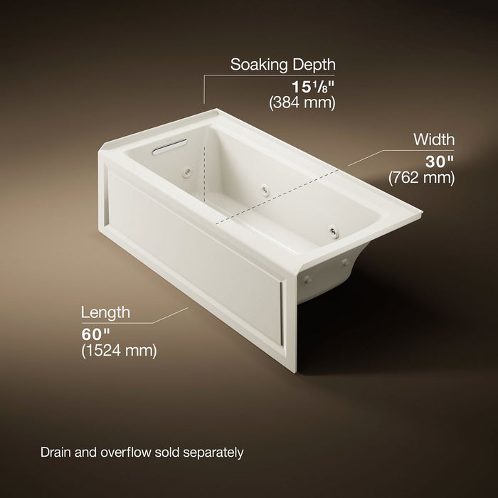 KOHLER K-1947-HLA Archer 60" x 30" alcove heated whirlpool bath, left drain, biscuit - view 5