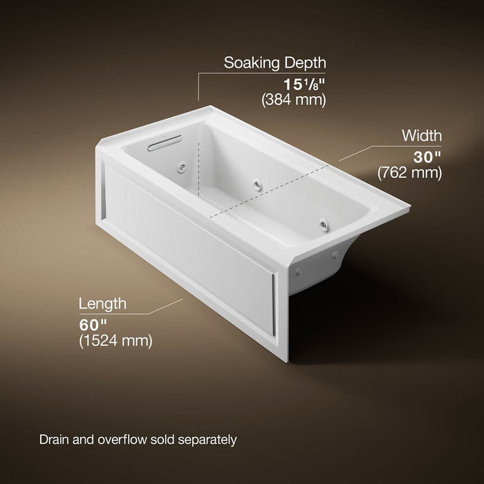 KOHLER K-1947-HLA Archer 60" x 30" alcove heated whirlpool bath, left drain, white - view 5