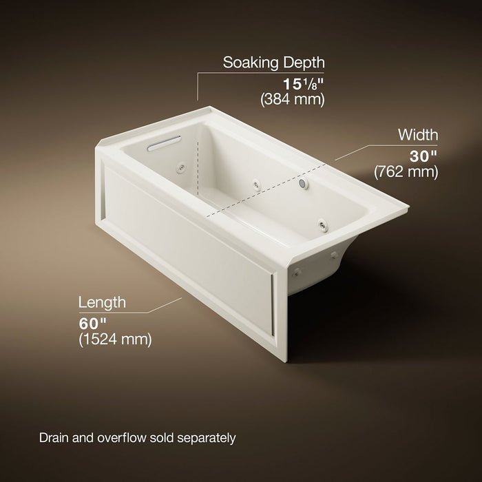 KOHLER K-1947-LAW Archer 60" x 30" alcove whirlpool bath with Bask heated surface, left drain, biscuit - view 5