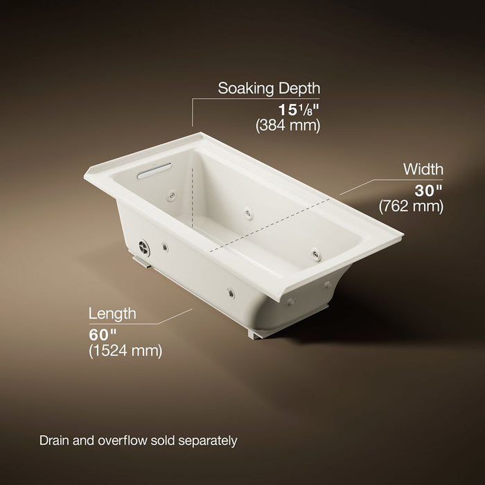 KOHLER K-1947-LH Archer 60" x 30" alcove heated whirlpool bath, left drain, biscuit - view 5