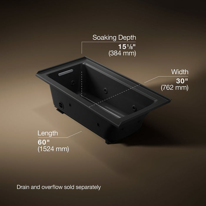 KOHLER K-1947-LH Archer 60" x 30" alcove heated whirlpool bath, left drain, black black - view 5