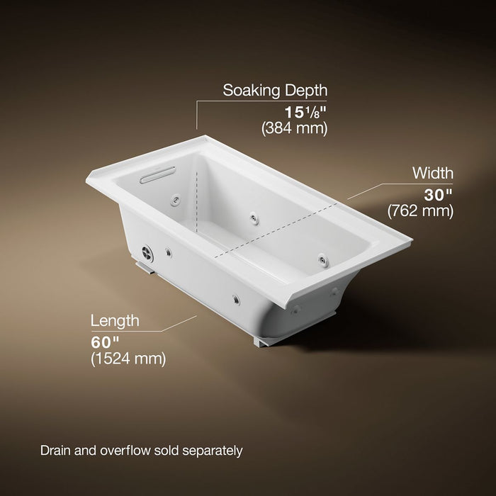 KOHLER K-1947-LH Archer 60" x 30" alcove heated whirlpool bath, left drain, white - view 5